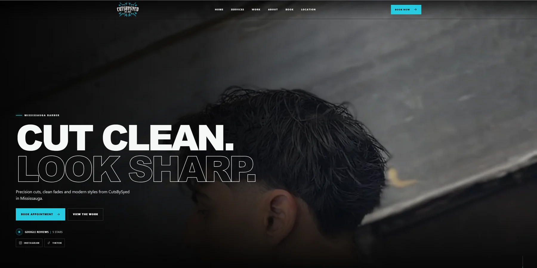 CutsBySyed desktop homepage featuring a finished haircut and the Cut clean. Look sharp. headline.