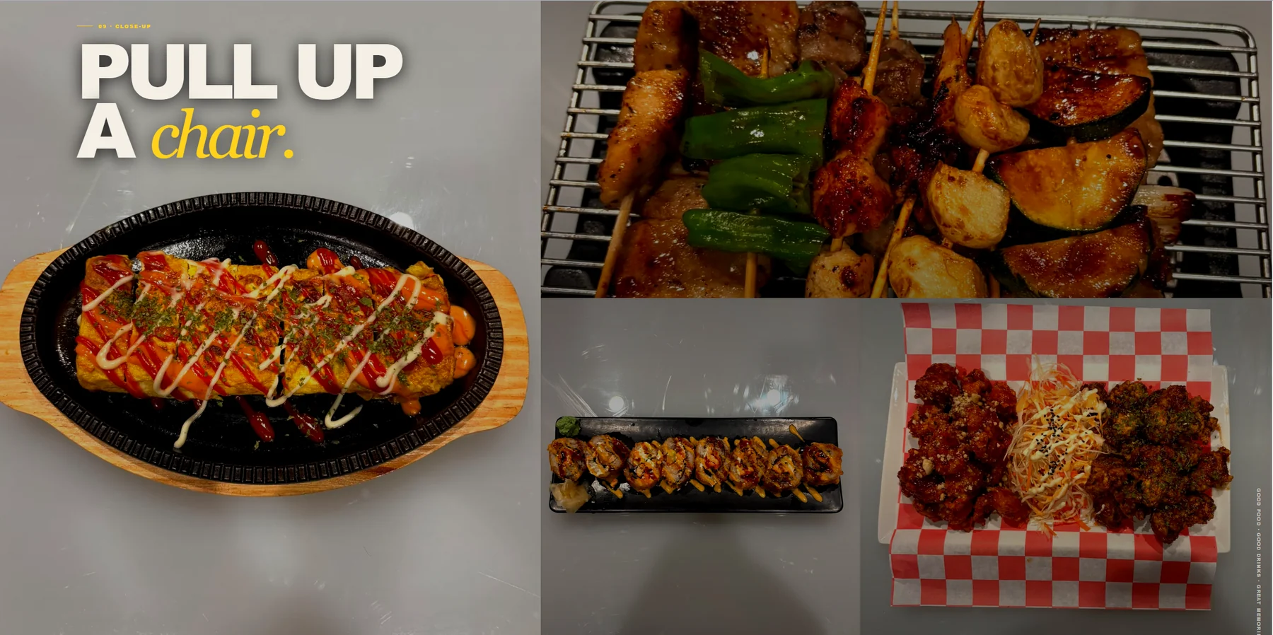 Starry Night Izakaya food gallery featuring an omelette, grilled skewers, sushi rolls, and Korean fried chicken.