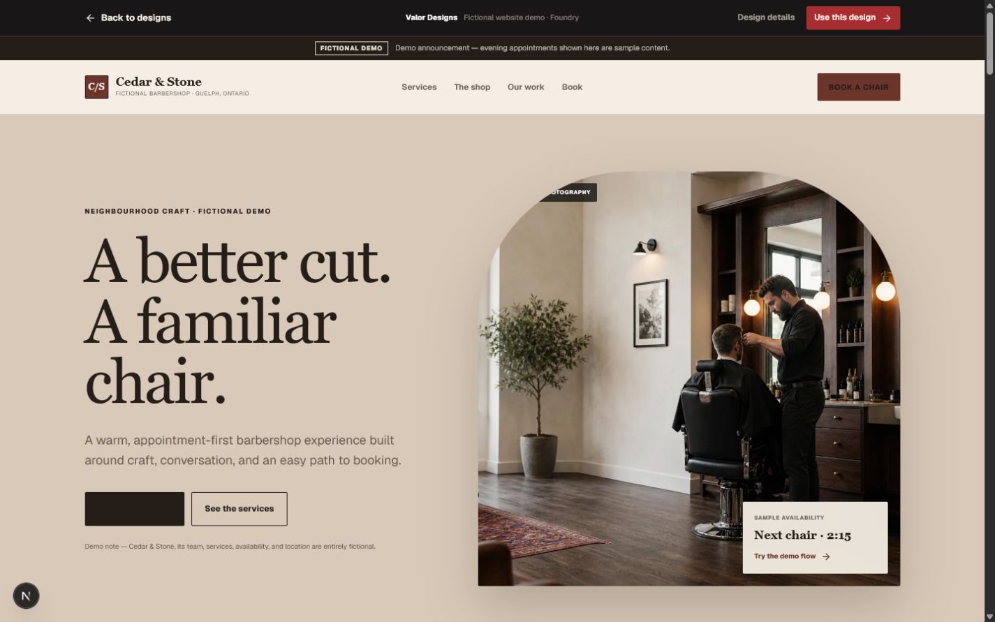 Cedar & Stone fictional desktop website demo