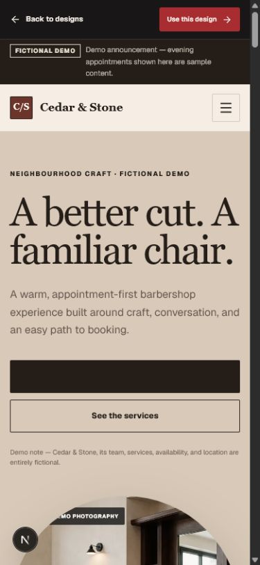 Cedar & Stone fictional mobile website demo