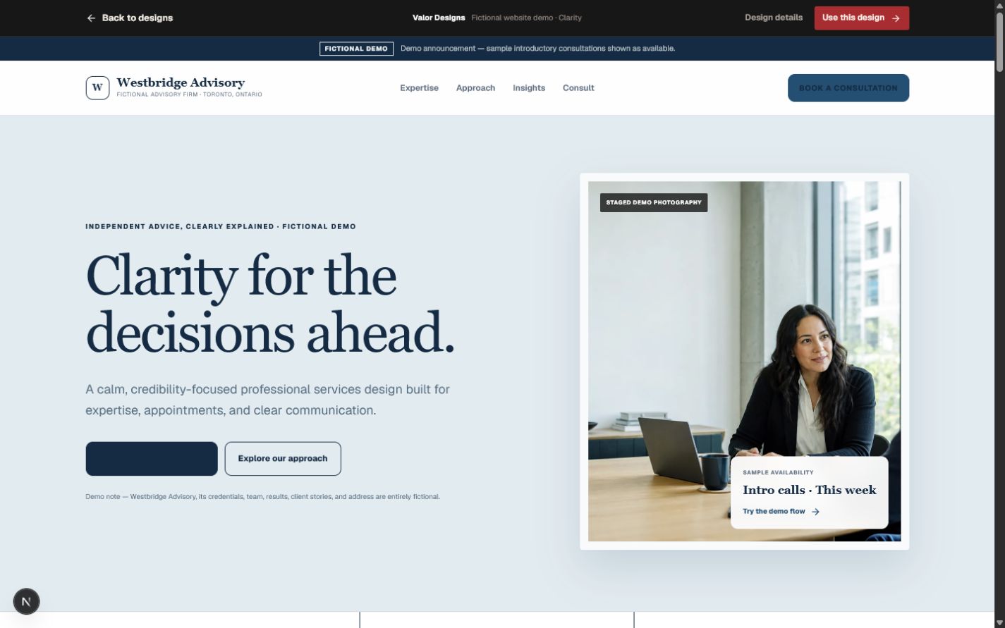 Westbridge Advisory fictional desktop website demo