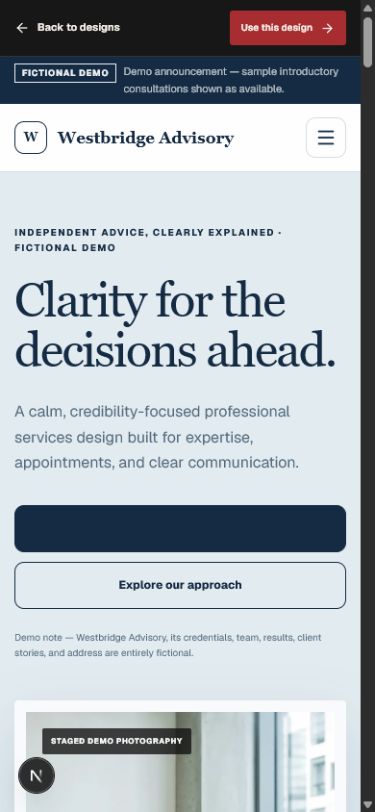 Westbridge Advisory fictional mobile website demo