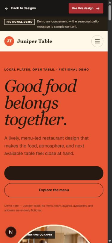 Juniper Table fictional mobile website demo