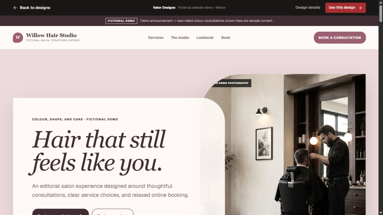 Willow Hair Studio fictional desktop website demo