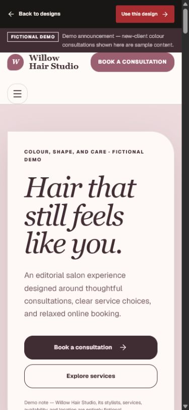 Willow Hair Studio fictional mobile website demo