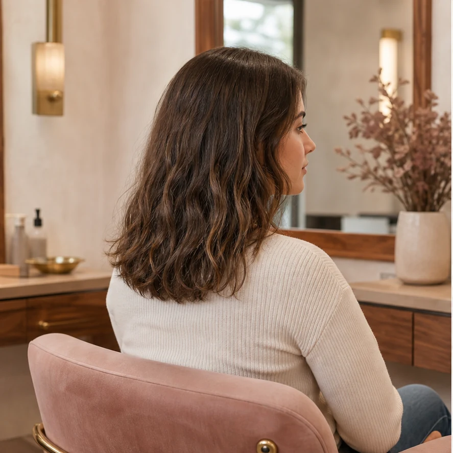 Fictional salon client before styling in the Elowen atelier