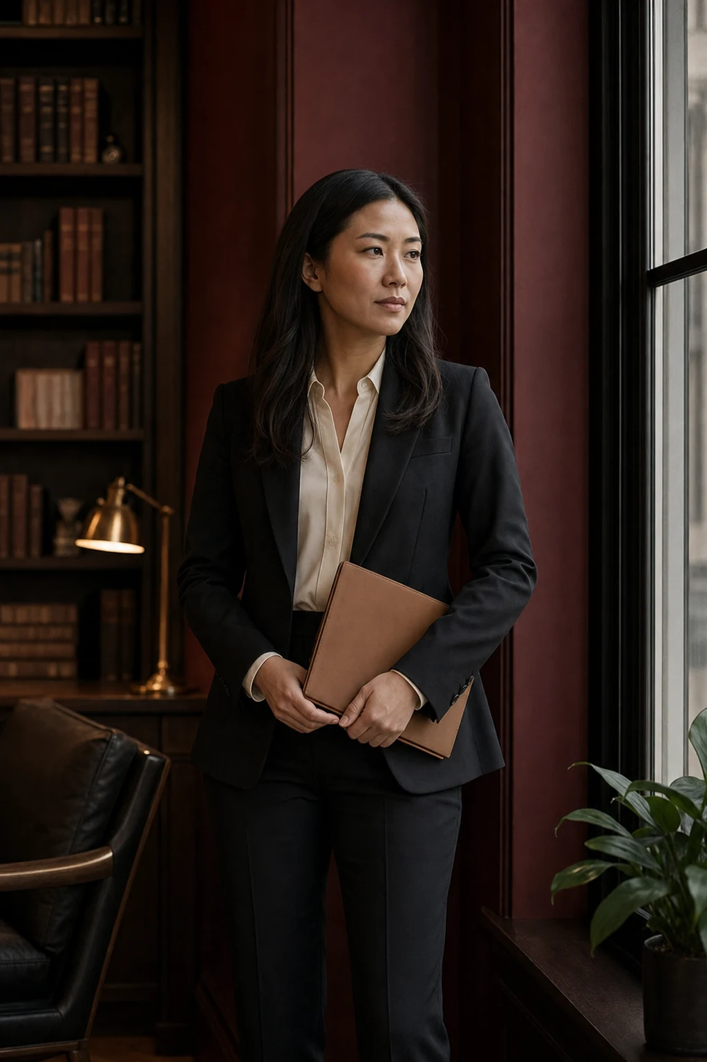 Fictional lawyer Amara West standing beside an office window
