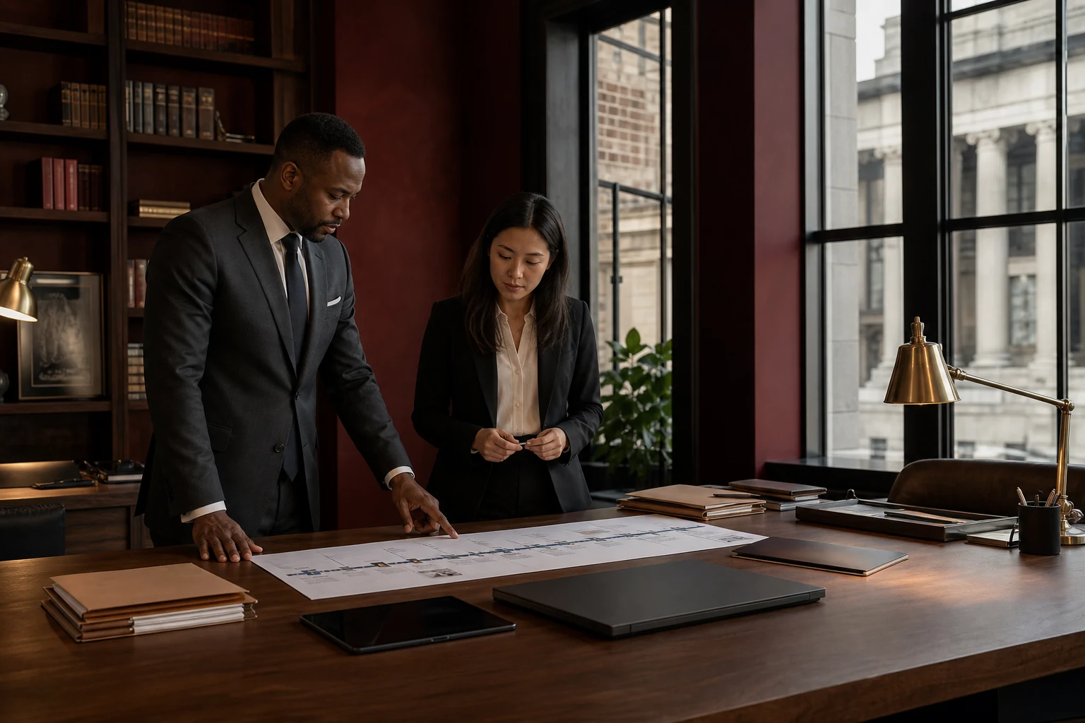 Fictional Westmark legal team reviewing an evidence timeline in a heritage office