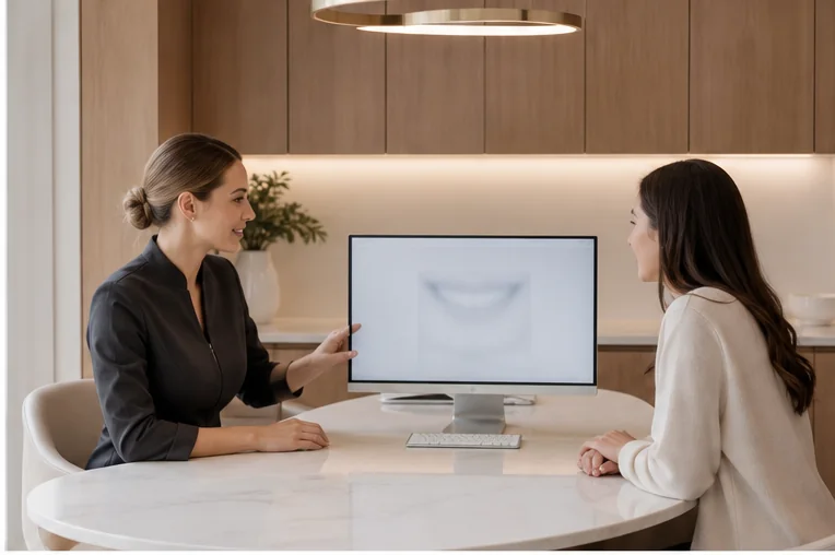 Fictional dentist and patient reviewing an abstract digital smile preview