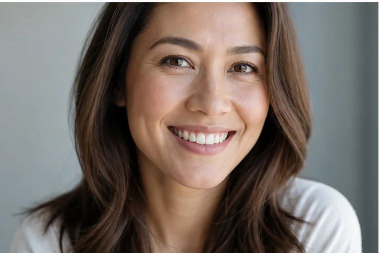 Close portrait of a fictional patient with a natural healthy smile