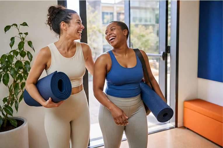 Two fictional studio members laughing after a class