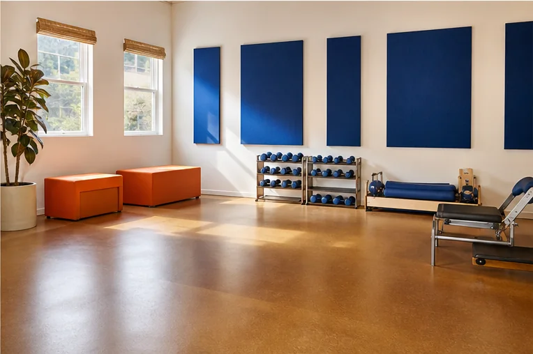 Bright Commonform studio with cobalt panels and tangerine benches