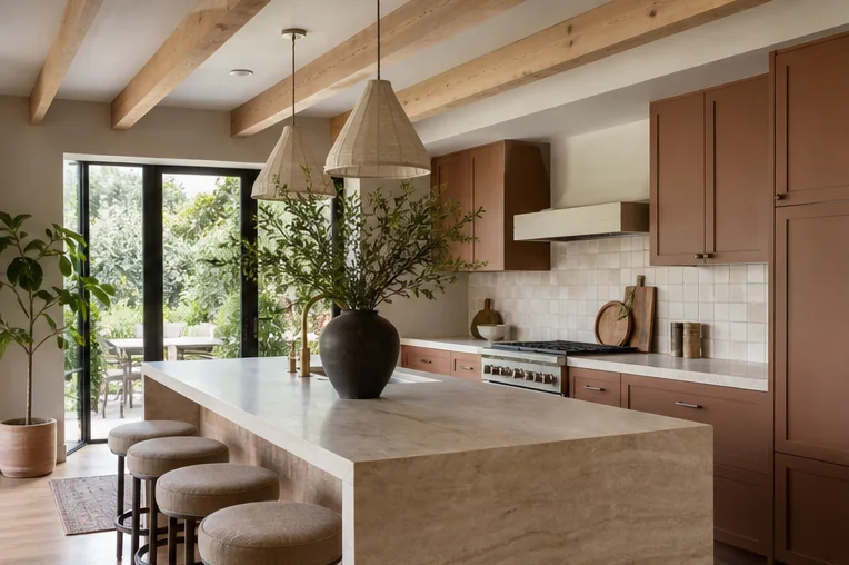 Fictional finished kitchen with clay cabinetry
