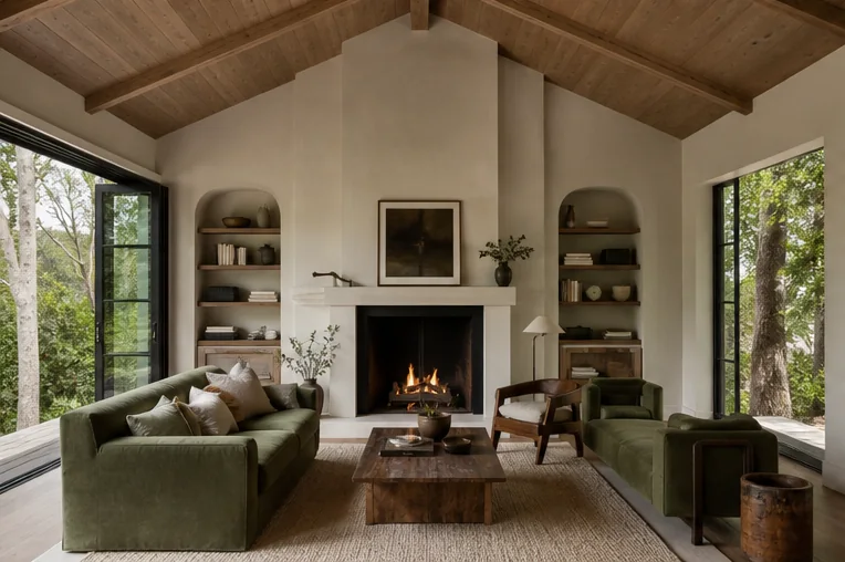 Fictional vaulted living-room addition with timber ceiling and sage furniture
