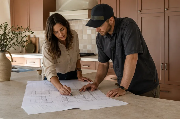 Fictional Juniper and Beam designer and site lead reviewing plans