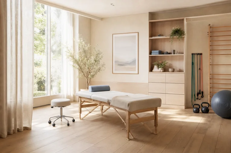Warm rehabilitation treatment room with pale oak equipment