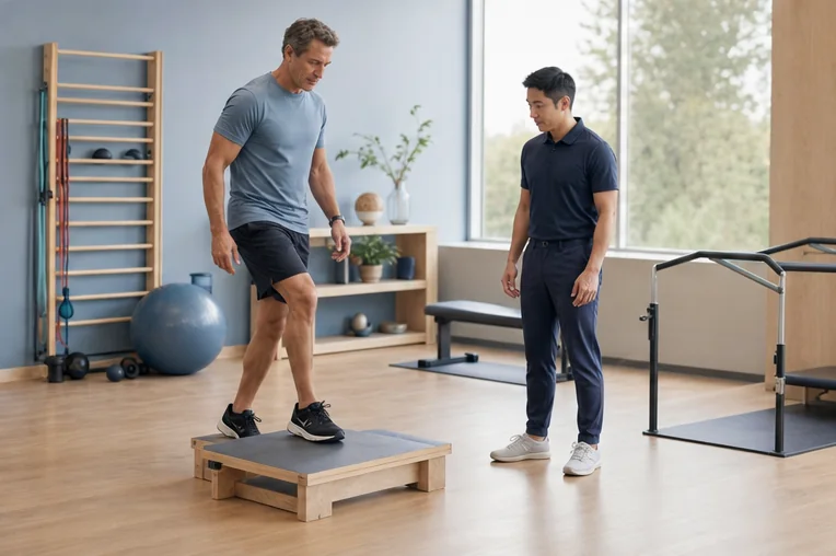 Fictional rehabilitation patient practising a controlled step exercise