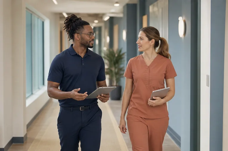 Two fictional Morrow rehabilitation therapists walking through the clinic