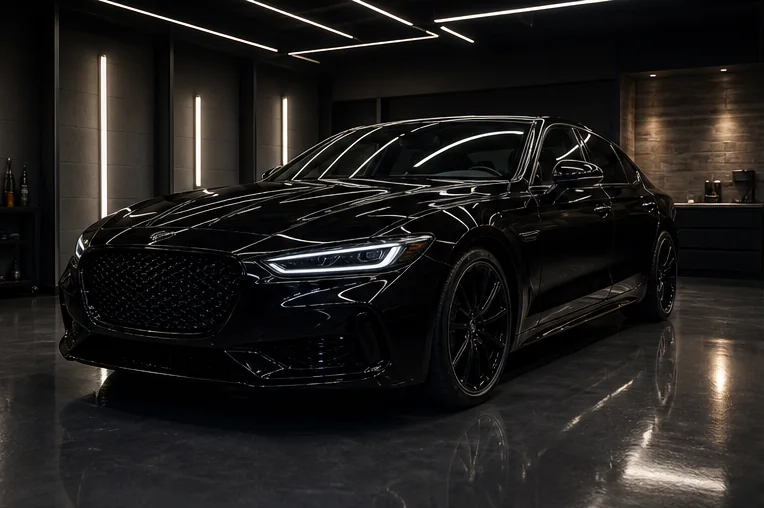 Unbranded fictional black luxury sedan in the Obsidian detailing bay