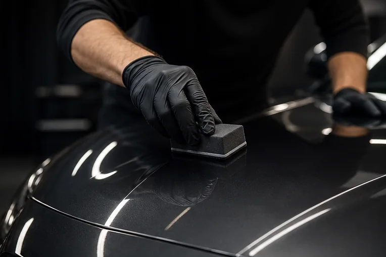 Fictional detailer applying a ceramic coating to a dark vehicle hood