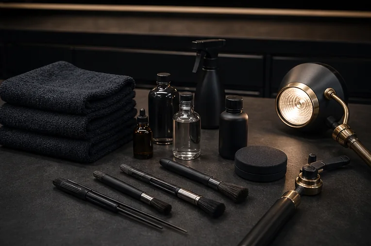 Premium fictional detailing tools arranged on a graphite workbench