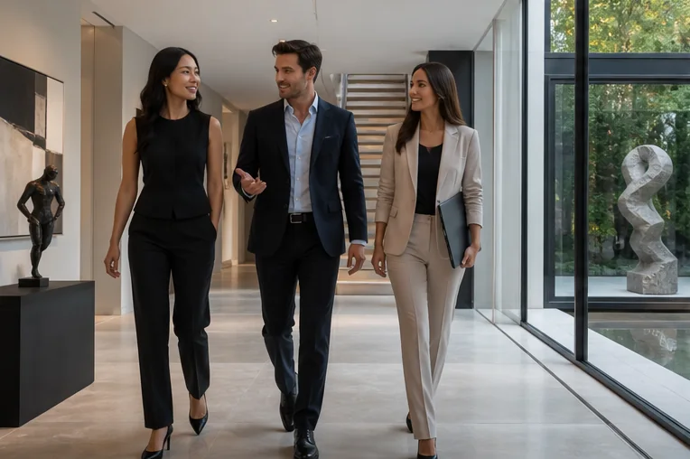 Three fictional Sable and Rowe real-estate advisors walking through a modern home