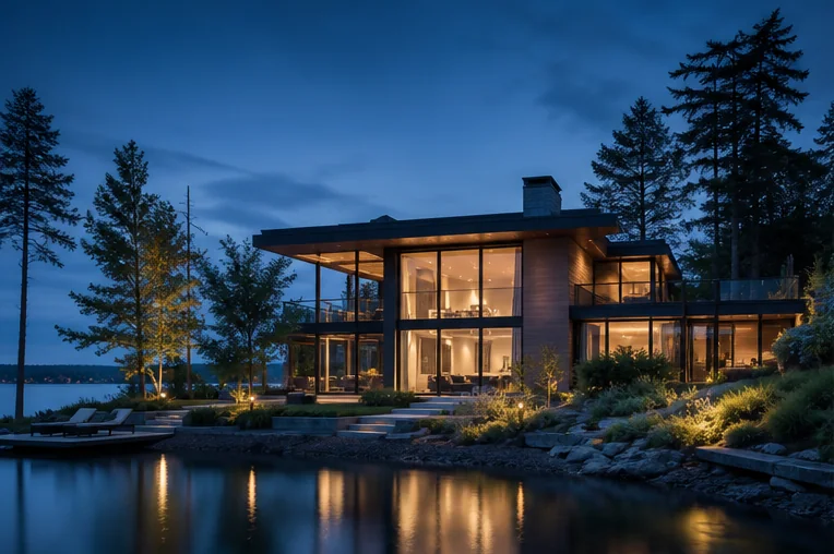 Fictional illuminated contemporary home beside a lake at blue hour