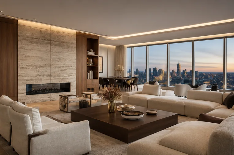 Fictional walnut and ivory penthouse overlooking a city